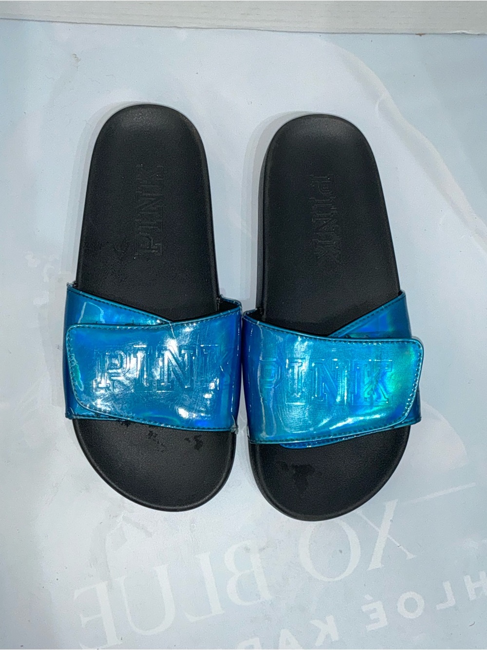 PINK Victoria's Secret Blue Holographic Slide Sandals Y2K Causal Retro Vintage M